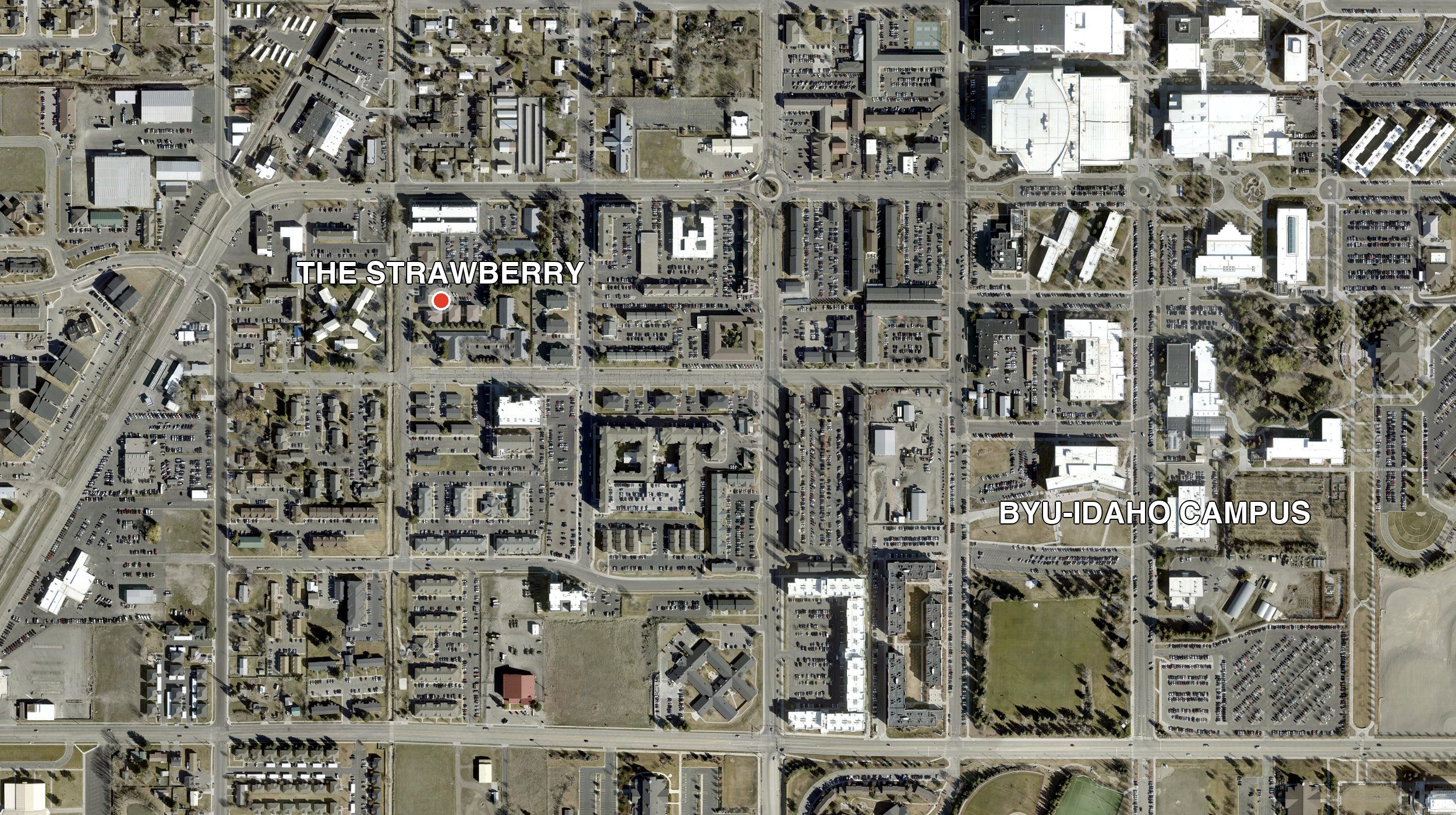 Aerial view showing The Strawberry relative to the BYU-Idaho campus